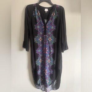 Cupio Black Floral asymmetrical hem 3/4 tab sleeve v neck Boho Hippie dress sz M